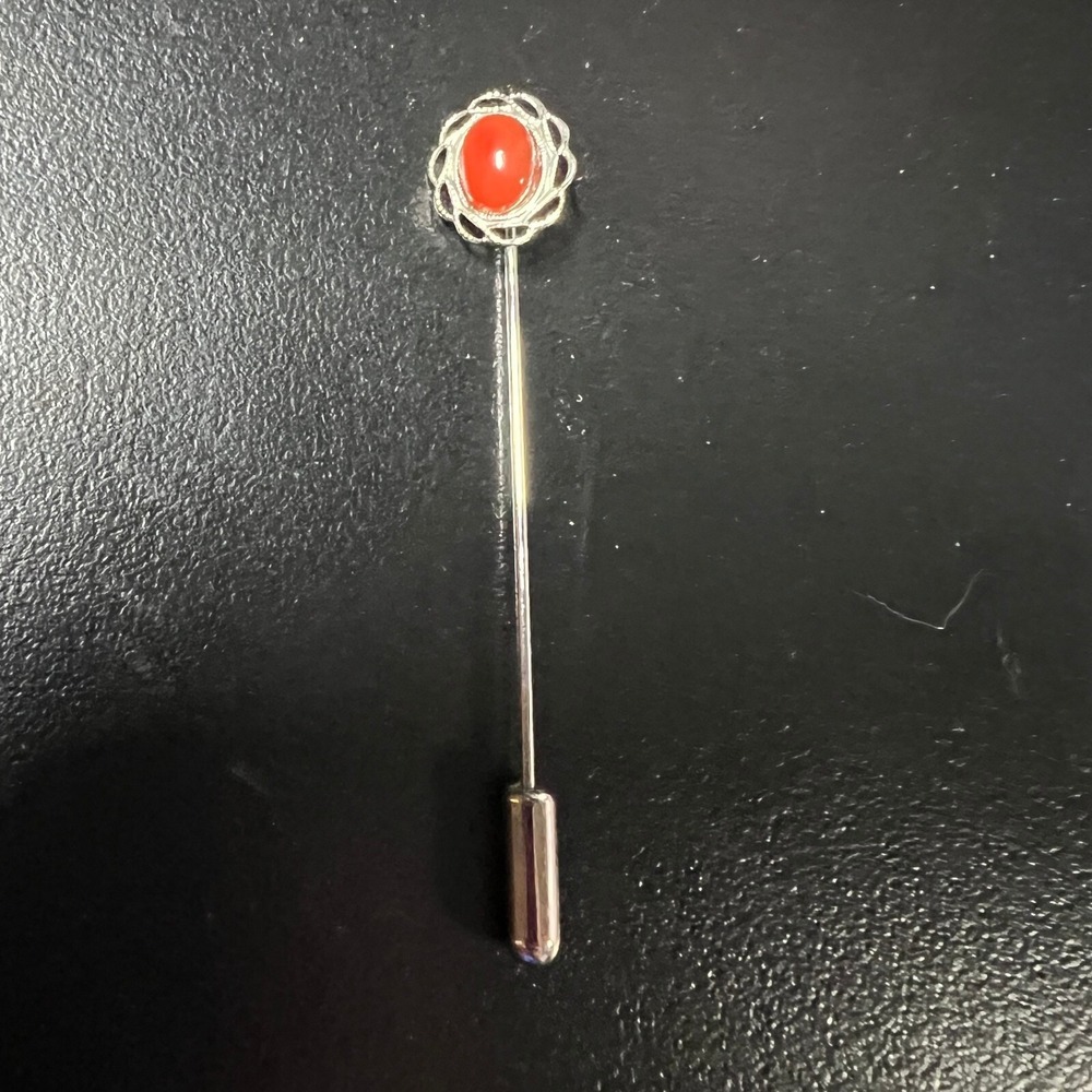 Vintage Stick Pin Orange Glass Stone Silver Tone Open Metal‎ Work